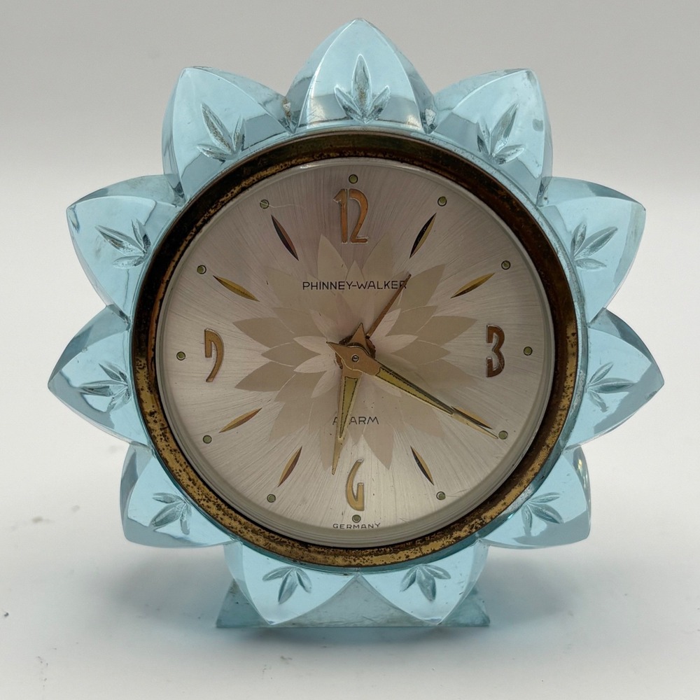 Vtg Phinney Walker Blue Lucite Alarm Clock MCM Flower Star Germany Parts Only